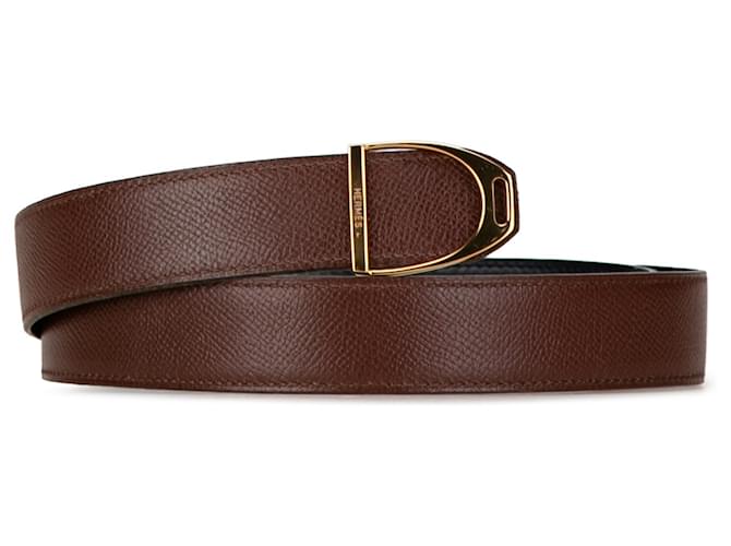 Hermès Brown Clemence Reversible Etrier Belt Navy blue Leather Pony-style calfskin  ref.1407692