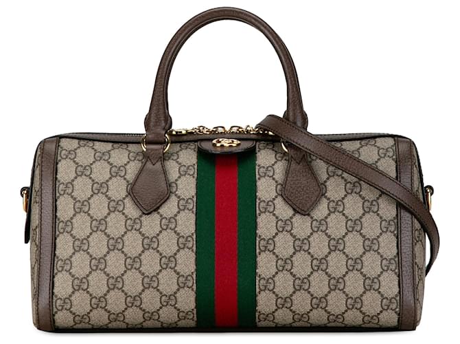 Bolso satchel marrón con tribanda GG Supreme Ophidia de Gucci Castaño Beige Cuero Lienzo Becerro Paño  ref.1407728