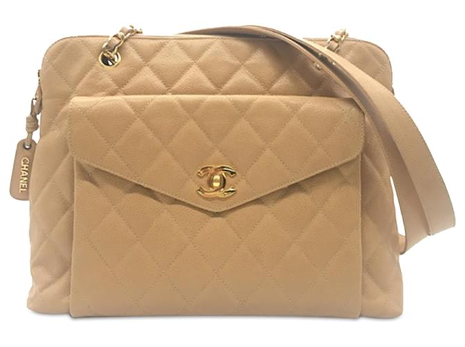 Chanel Brown CC Quilted Caviar Front Pocket Shoulder Bag Beige Leather  ref.1407751