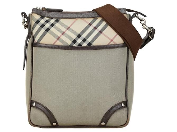 Burberry Nova Check Nylon Canvas Leder Schultertasche in sehr gutem Zustand Grau Leinwand  ref.1407846