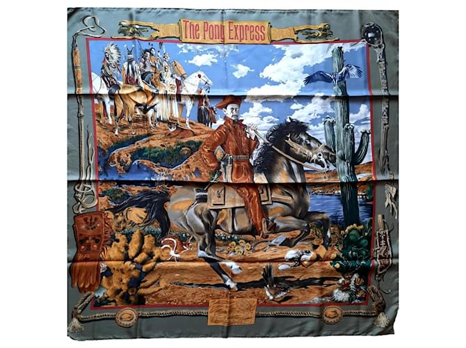 Hermès Foulard/Carré titré "Pony Express" par Olivier Kermit Soie Multicolore  ref.1408055