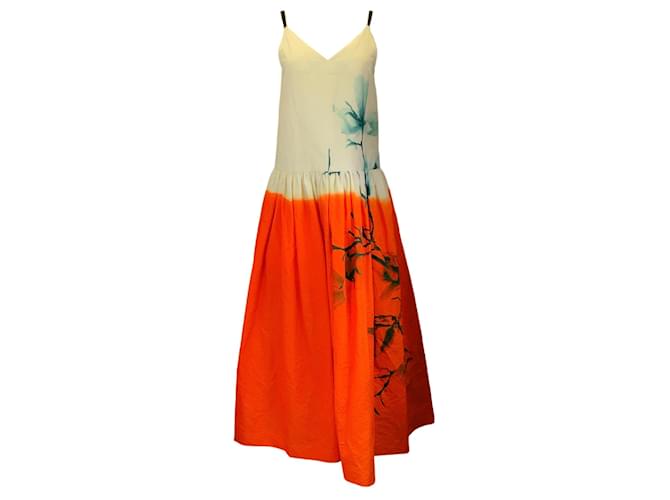 Dries Van Noten Trocknet van Noten Elfenbein / Orangefarbenes, mehrfarbig bedrucktes ärmelloses Kleid aus Baumwolle und Leinen mit V-Ausschnitt Mehrfarben  ref.1408128