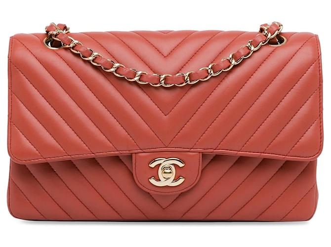 Red Chanel Medium Classic Chevron Lambskin Double Flap Shoulder Bag Leather  ref.1408170