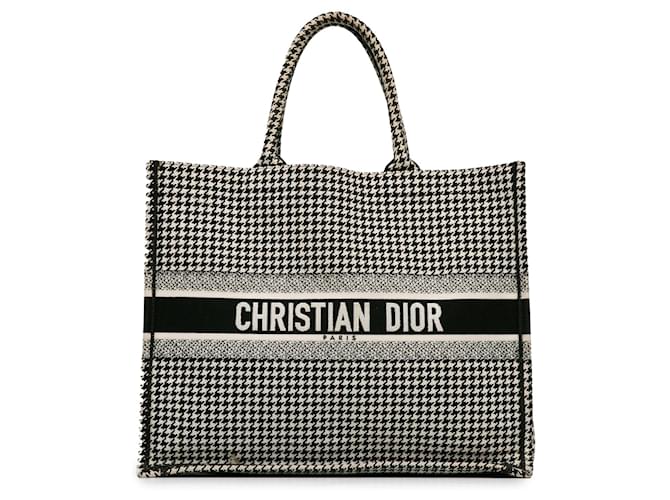 Große schwarze Dior-Büchertasche mit Hahnentrittmuster Leinwand  ref.1408216