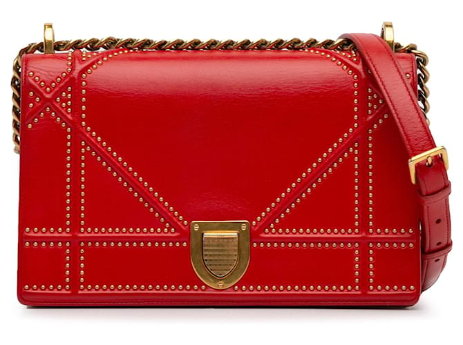 Red Dior Medium Studded Diorama Crossbody Bag Leather  ref.1408221
