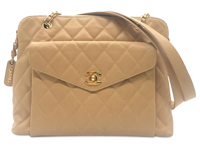 Tan Chanel CC Quilted Caviar Front Pocket Shoulder Bag Camel Leather  ref.1408244