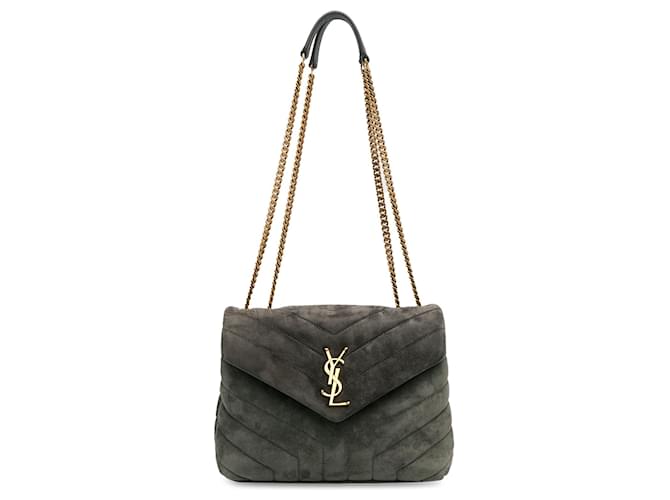 Gray Saint Laurent Small Suede Loulou Shoulder Bag Leather  ref.1408261