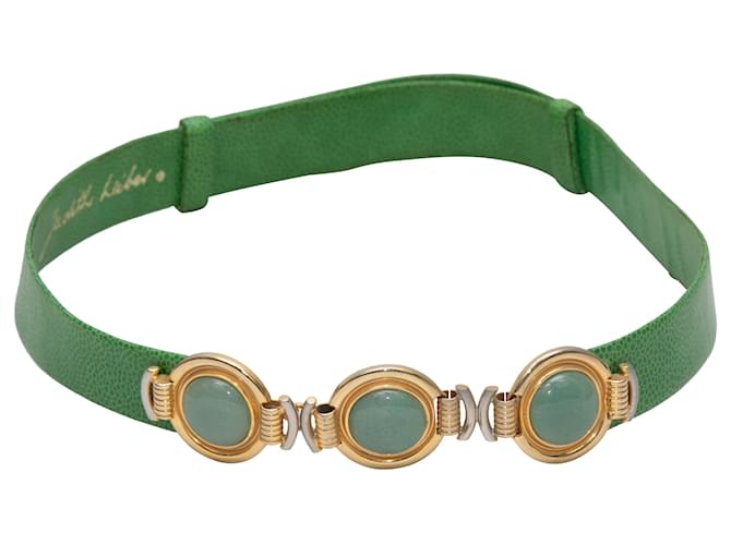 Green & Gold-Tone Judith Leiber Leather & Cabochon Belt  ref.1408306