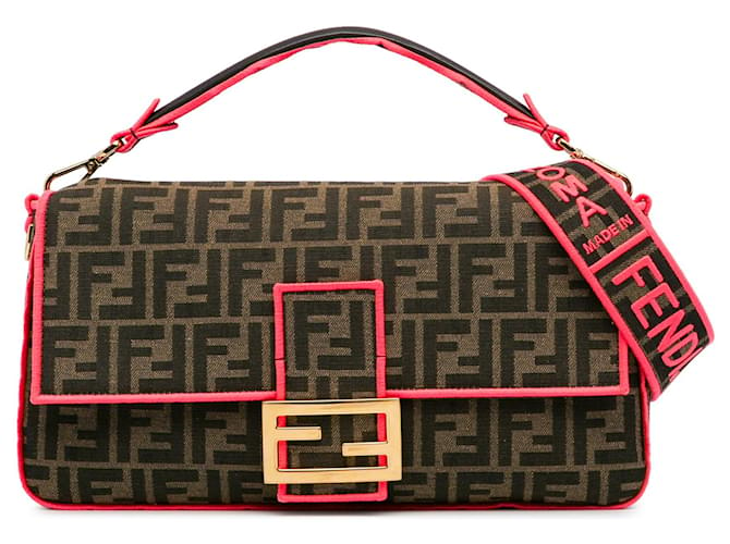 Borsa a tracolla Baguette Fendi grande Zucca con finiture fluo marrone Tela ref.1408322 Joli Closet