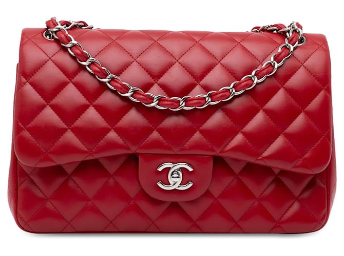 Bolsa de ombro Red Chanel Jumbo Classic em couro de cordeiro com dupla aba Vermelho  ref.1408334