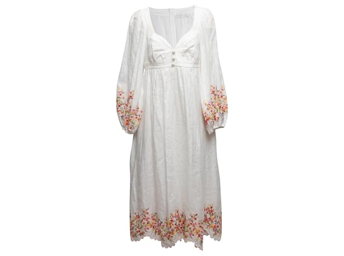 White & Multicolor Zimmermann Embroidered Linen Dress Size 3  ref.1408364