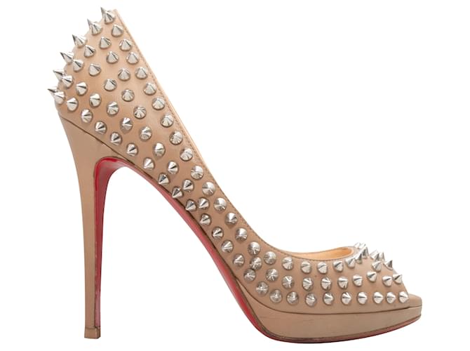 Beige Christian Louboutin Studded Peep-Toe Pumps Size 39 Leather  ref.1408366