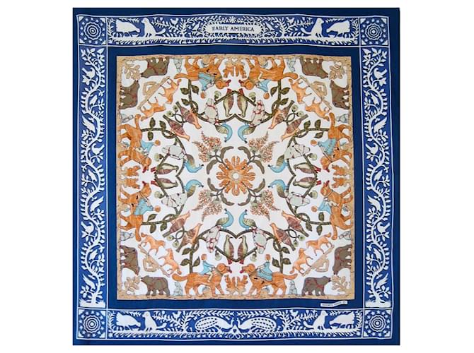 Hermès Carré 90 "EARLY AMERICA" 100% Silk Scarf Blue  ref.1408470