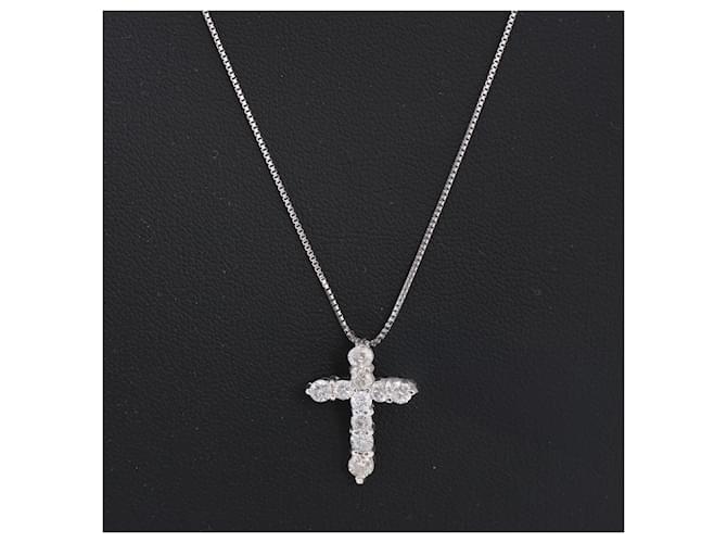 Autre Marque Cross Diamond Necklace in Pt900×K18WG 3.9g 1,00 ct Silvery Platinum  ref.1408489