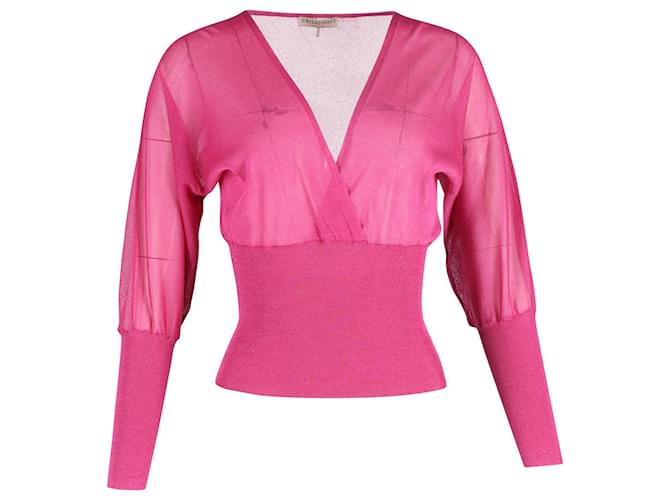 Emilio Pucci Long-sleeved V-neck Knitted Blouson Top in Pink Silk  ref.1408651