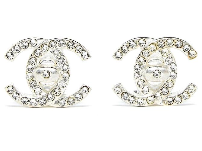 Chanel AH1996 Clip-on Earrings CC Turnlock Clip Silver Rhinestones Silvery