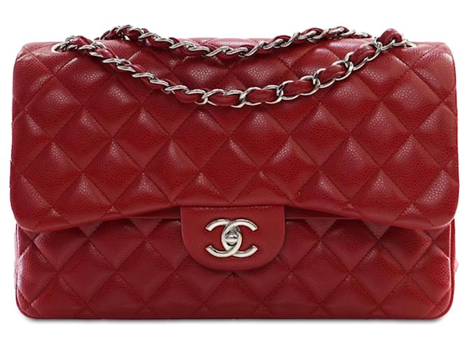 Chanel Red Jumbo Classic Kaviar gefütterte Klappe Rot Leder  ref.1408780