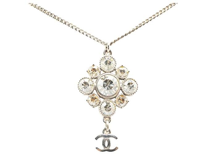 Chanel Silver Palladium Plated CC Crystal Pendant Necklace Silvery Metal  ref.1408807