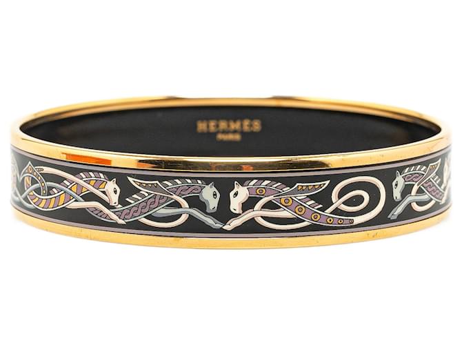 Bracelet cloisonné en émail étroit noir Hermès Métal Plaqué or Email Doré  ref.1408827