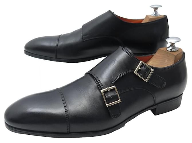 SANTONI SHOES BI-BUCKLE MOCCASINS 14549 7 42 BLACK LEATHER LOAFERS SHOES  ref.1409082