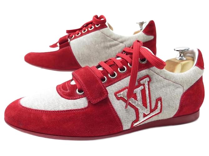 CHAUSSURES LOUIS VUITTON BASKETS LOGO LV 7.5 42.5 FR EN DAIM ROUGE & TOILE Suede  ref.1409097