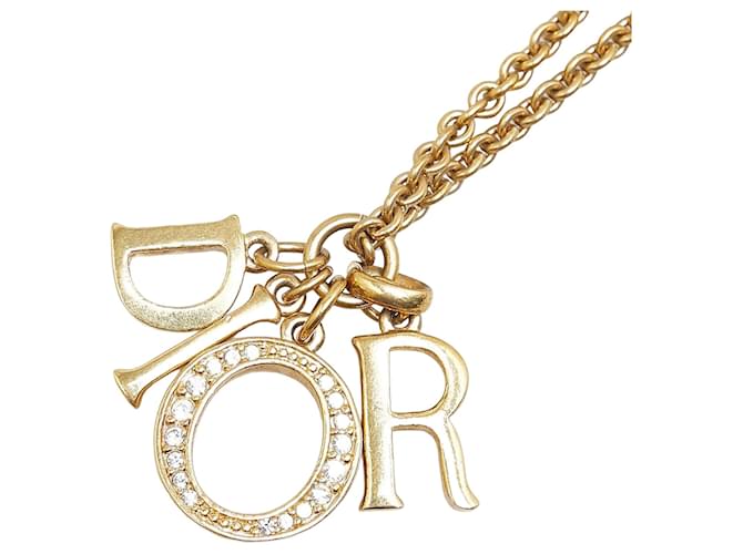 Colar de logotipo de strass banhado a ouro de 49 cm da Dior em muito bom estado Dourado Metal  ref.1409194