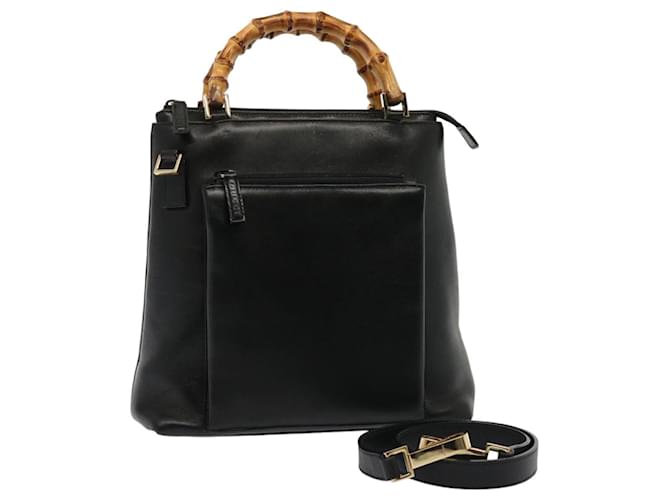 Bolsa GUCCI Bamboo Couro 2maneira Black Auth 76118 Preto  ref.1409840