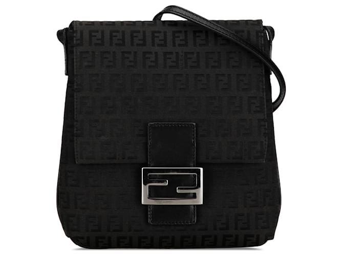 Crossbody Fendi Zucchino Canvas Preta Preto Couro  ref.1410134