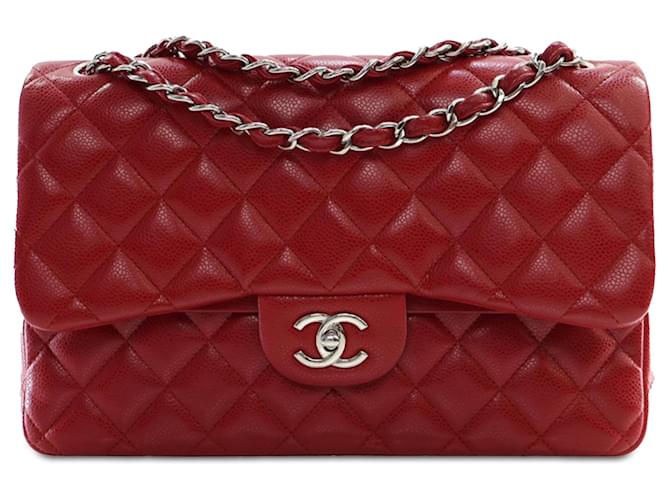 Borsa a tracolla con patta rossa Chanel Jumbo Classic foderata in caviale Rosso Pelle  ref.1410238