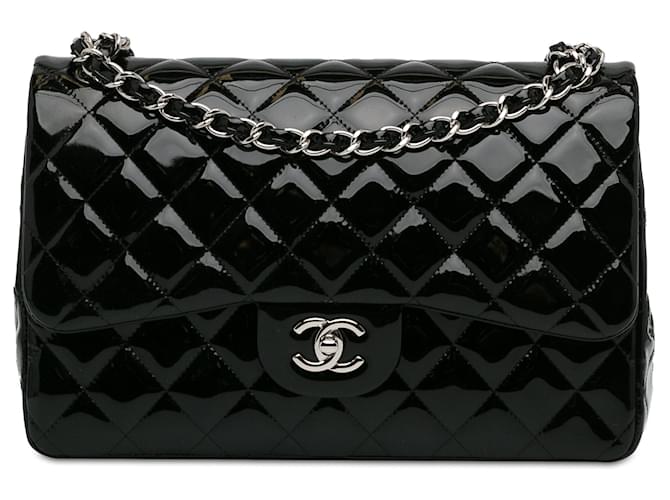 Bolsa de ombro com aba preta Chanel Jumbo Classic patenteada Preto Couro  ref.1410306