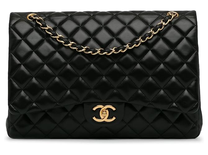 Bolsa de ombro com aba preta Chanel Jumbo Classic com forro de pele de cordeiro Preto Couro  ref.1410349