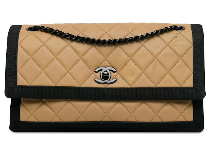 Tan Chanel Medium Quilted Lambskin Grosgrain Two Tone Flap Shoulder Bag Camel Leather  ref.1410359