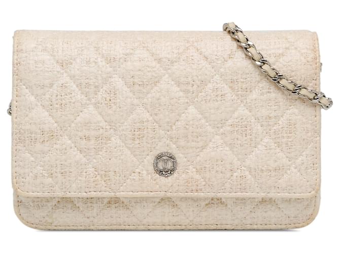 Wallet On Chain Portefeuille en tweed enduit CC Chanel beige sur sac à bandoulière en chaîne Cuir  ref.1410360