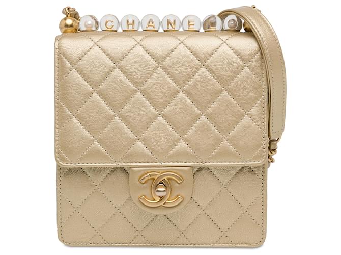 Gold Chanel Small Lambskin Chic Pearls Flap Crossbody Bag Golden Leather  ref.1410364