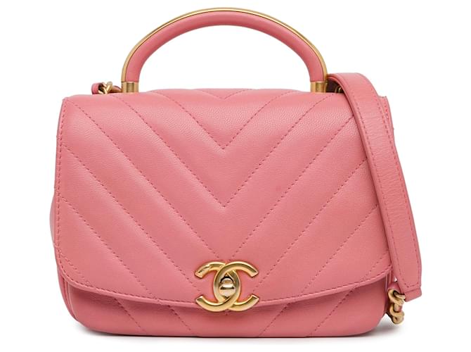 Pink Chanel Small Chevron Lambskin Reversed Round Flap Satchel Leather  ref.1410368