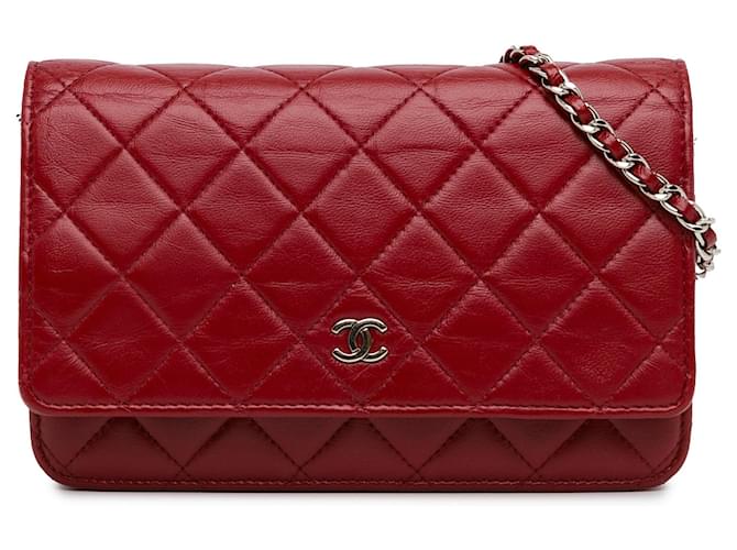 Red Chanel Classic Lambskin Wallet on Chain Crossbody Bag Leather  ref.1410379