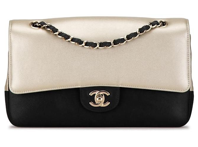 Bolsa de ombro Silver Chanel Medium Classic Bicolor Caviar Double Flap Prata Couro  ref.1410385