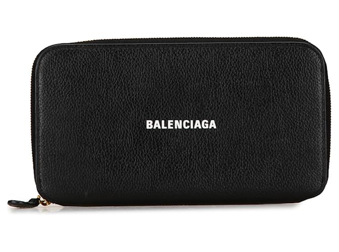 Black Balenciaga Calfskin Logo Everyday Continental Zip Around Wallet Leather  ref.1410469