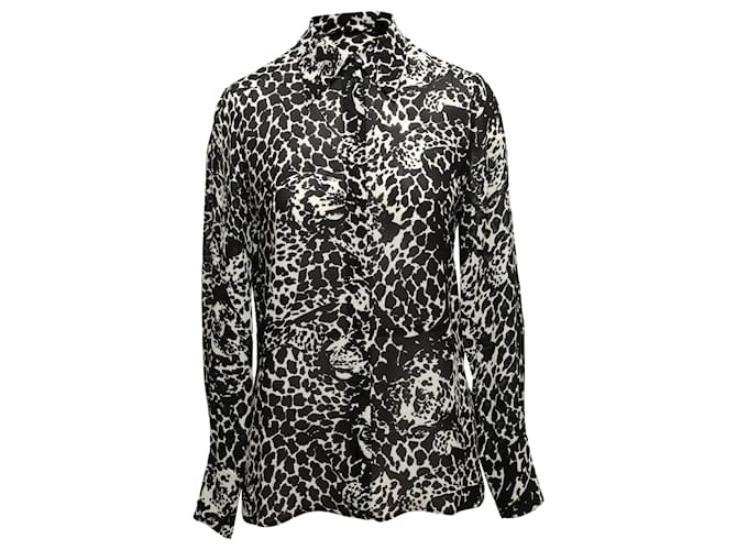 Black & White Saint Laurent Cheetah Print Button-Up Top Size US S Synthetic  ref.1410605