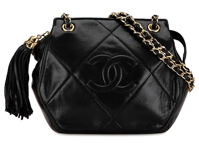 Black Chanel CC Quilted Lambskin Tassel Crossbody Leather  ref.1410616