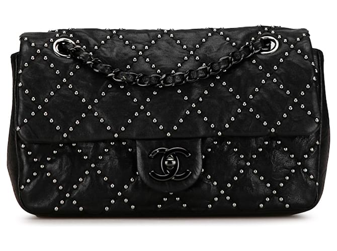 Chanel Black Washed Lambskin Studded Metal Beauty Flap Leather  ref.1410922