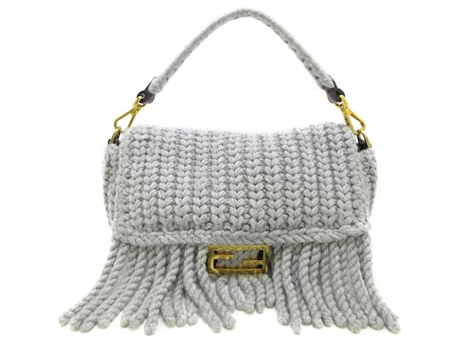 Fendi Gray Knitted Wool Fringe Baguette Satchel Grey Cloth  ref.1410924