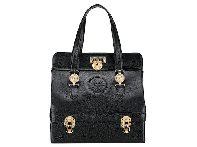 Versace Sunburst Vintage Kaviarhaut Handtasche in sehr gutem Zustand Schwarz Leder  ref.1411349