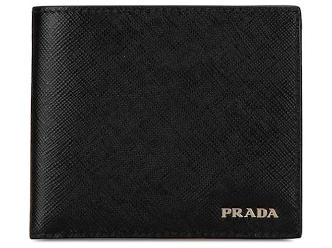 Carteira bifold de couro Saffiano Prada preta marinha em muito bom estado Preto  ref.1411376