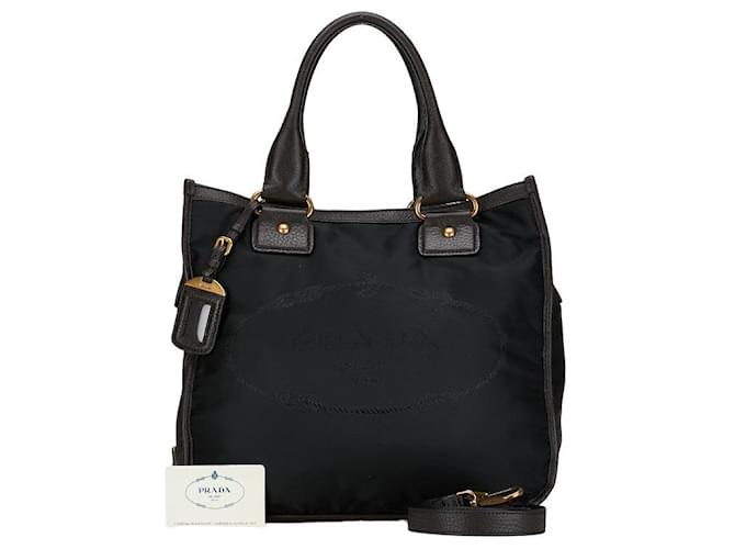 Borsa a mano Prada in nylon e pelle con placca logo triangolare in ottime condizioni Nero Tela  ref.1411378