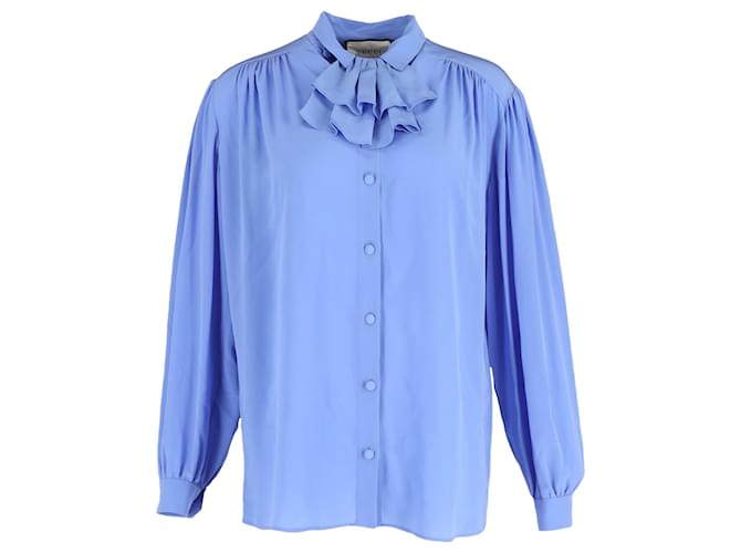 Gucci Ruffled Long Sleeve Shirt in Blue Silk  ref.1411892