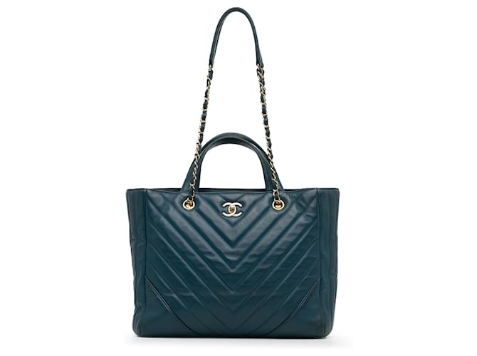 Chanel Blue CC Chevron Calfskin Statement Shopping Tote Dark blue Leather Pony-style calfskin  ref.1412435