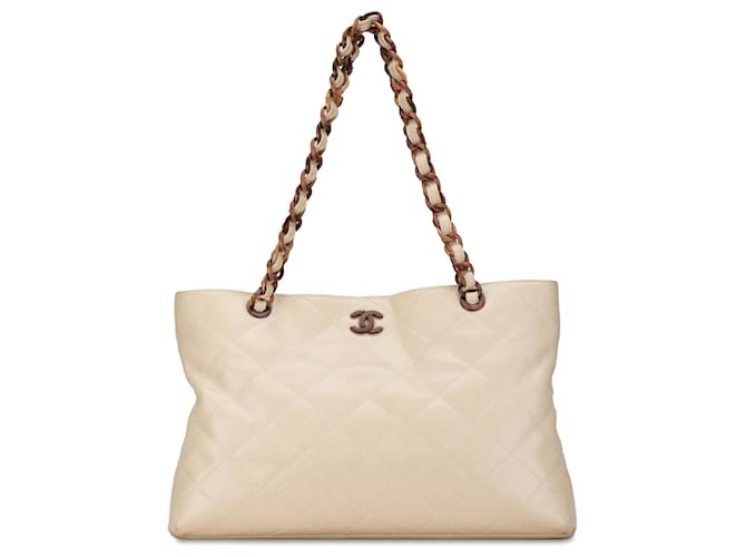 Chanel White CC Quilted Caviar Wood Chain Tote Leather  ref.1412465