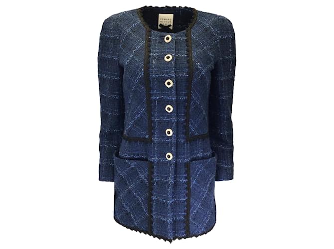 Edward Achour Navy Blue Jewel Buttoned Tweed Jacket Wool  ref.1412998