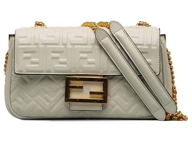 White Fendi Zucca Embossed Chain Midi Baguette Shoulder Bag Leather  ref.1413035